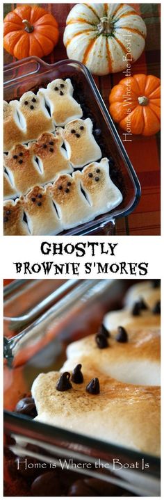 two different views of food in pans with the words ghostly brownie s'mores