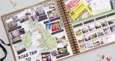 an open traveler's notebook with travel photos on it