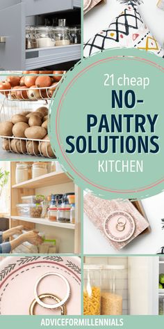 there are many pictures with the words, no pantry solution kitchen and other things in them