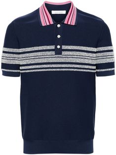 navy blue/white/red knitted construction stripe detailing contrasting striped collar silver-tone hardware polo collar front button placket short sleeves ribbed cuffs and hem Knitted Polo Shirt, Knitted Polo, City Shorts, Wales Bonner, Versace Outfit, Balenciaga Triple S, Summer Beach Wear, Short Suit, Sweaters Knitwear