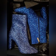 Sz 36.5 Nib Saint Laurent Glitter Boots, One Is Fainter Than The Other From Being On Display, Not Very Noticeable In Dark Blue Glitter Evening Heels, Blue Glitter Heels For Evening, Blue Heels For Winter Party, Winter Party Blue Heels, Glamorous Blue Evening Boots, Blue Party Heels For Winter, Blue Glitter Heels With Round Toe, Glamorous Blue Round Toe Boots, Blue Glitter High Heels