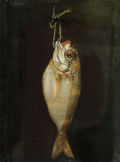 a painting of a fish hanging from a rope