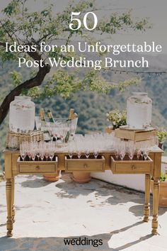 a table with wine glasses on it and the words 50 ideas for an unforgetable post - wedding brunch