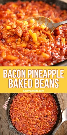 bacon pineapple baked beans in a cast iron skillet with the title above it