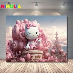 an image of a hello kitty wall mural in a room with wooden floors and walls