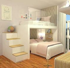 a bedroom with a bunk bed and stairs