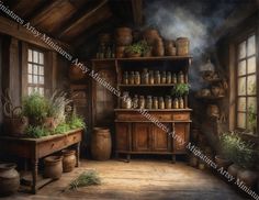 a painting of an old fashioned kitchen with pots and pans