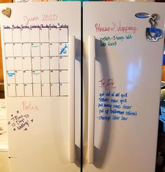 two refrigerators side by side with magnets on the doors and calendar written on them