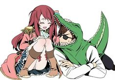 two anime characters sitting next to each other with their mouths open and one holding an alligator's head