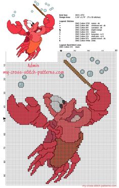 a cross stitch pattern with an image of a red lobster and a crab holding a fishing rod