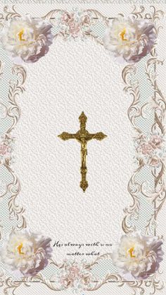 a cross with flowers in the middle and an ornate frame around it on a white background