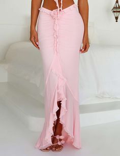 Feminine Maxi Skirt For The Beach, Feminine Maxi Length Ruffled Skirt, Pink Maxi Dress With Lined Skirt, Chic Pink Stretch Maxi Skirt, Feminine Long Skirt For Beach, Pink Tiered Ruffle Maxi Skirt, Chic Pink Tiered Maxi Skirt, Pink Lined Maxi Dress, Pink Ruffled Skirt Maxi Dress For Spring