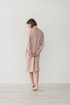 "MONA gather dress made from soft linen in dusty pink. - length is ± 107 cm (42\") (depends on size) - gathered front, back and sleeves - loose fit - without pockets DETAILS: - 100 % European, pre-washed medium weight linen (205 g/m²) - the model is 176 cm (5′9″) high, wearing size S. - model measurements: bust 83 cm (33\") / waist 61 cm (24\") / hips 90 cm (36\") - color in the picture - dusty pink (you can choose other color on the right) MADE TO ORDER: All pieces are made to order, it will ta Long Sleeve Relaxed Fit Dress For Lounging, Pink Long Sleeve Nightgown For Nighttime, Pink Long Sleeve Nightgown, Pink Long Sleeve Dresses For Night, Long Sleeve Bedtime Dress For Spring, Spring Long Sleeve Dresses For Home, Gather Dress, Nightgown Long, Linen Sleepwear