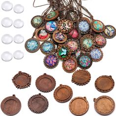 PRICES MAY VARY. 18 pieces of pendant trays (9 styles, 2 pcs of each style) and 18 pieces of glass dome , totally 36 pieces. the pendants bezel is made of natural wood. total 18 pendant trays, 8 pcs Pendant trays inner diameter: 25mm(about 1 inch), 10 pcs Pendant trays inner diameter: 30 mm(about 1.18inch) Perfect gifts for your family and friends when birthdays, weddings, Christmas, Valentine's Day. Paste the lovely pattern with the clear glass cabochon, then cover the glass cabochons on the pe Jewelry Making Kits, Photo Pendant, Vintage Diy, Bezel Pendant, Wooden Pendant, Diy Vintage, Diy Photo, Leather Necklace, Photo Jewelry