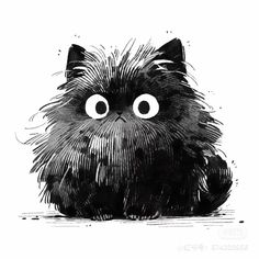 a black and white drawing of a cat with big eyes looking at the camera while sitting down