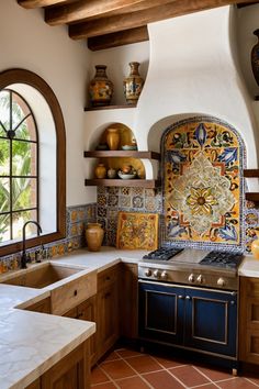 a kitchen with an oven, sink and window