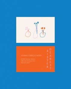 an orange and blue business card with two flowers in vases on the left side