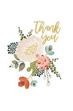 a thank card with flowers and the words thank you in gold foil on top of it