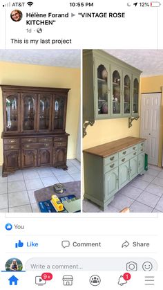 an old dresser has been transformed into a dining room hutch