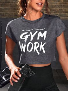 Slogan Graphic Crop Sports Tee Gym Top Dark Grey   Cap Sleeve Fabric Slogan  High Stretch  Women Activewear, size features are:Bust: ,Length: ,Sleeve Length: Gym Outfits Women Fitness Fashion, Gym Outfit Girl, Girls Gym Wear, Girls Workout Outfits, Workout Outfits Aesthetic, Cute Gym Outfits, Gym Clothes Women, Sports Tee, Gym Tops