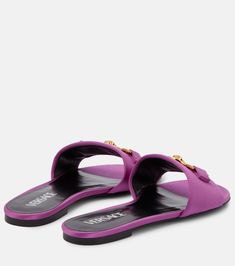 Medusa 95 Satin Slides in Purple - Versace | Mytheresa Luxury Slip-on Slides For Spring, Designer Summer Slides With Buckle Closure, Designer Slides With Branded Insole For Formal Occasions, Elegant Flat Slides For Formal Occasions, Elegant Evening Slides, Elegant Formal Flat Slides, Luxury Formal Flat Slides, Evening Slides For Summer, Spring Evening Slides