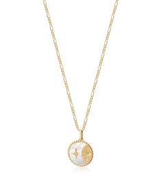 Inspired by vintage coins found in East Asia, these modern-day talismans carry icons of good fortune. The Solar Necklace, with a microcosmic galaxy of sun, star, and a mother of pearl moon symbolises dreams, aspirations and desires for the future. You go, girl.   - Gold vermeil (18k gold plated sterling silver)- Chain Elegant White Coin Necklace With Round Pendant, Elegant White Round Pendant Coin Necklace, Luxury White Gold Necklace With Moon Charm, Luxury White Medallion Necklace, Celestial White Necklace With Adjustable Chain, White Celestial Necklace With Adjustable Chain, Elegant Round Moon Charm Necklace, Elegant Round Necklace With Moon Charm, Timeless Gold Plated Silver Necklace