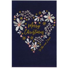 a heart shaped christmas card with the words merry christmas written in gold and silver on it