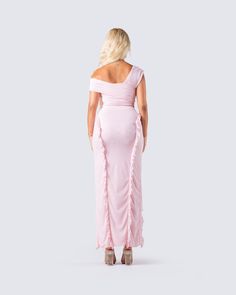 If they say they don't want you back when they see you in this, they are lying 😌 Featuring a pink asymmetrical mesh top, and ruffled mesh maxi skirt - this look will cause everyone to obsess over you 💖 Fitted Pink Maxi Dress With Ruffled Skirt, Pink Ruffled Maxi Dress For Party, Flirty Maxi Dress With Ruffled Skirt For Party, Ruffled Skirt Maxi Dress For Night Out, Pink Ruffled Party Maxi Dress, Pink One-shoulder Maxi Dress For Party, Elegant Pink Ruffled Set, Fitted Pink Sets With Ruffles, Pink One-shoulder Maxi Dress For Night Out