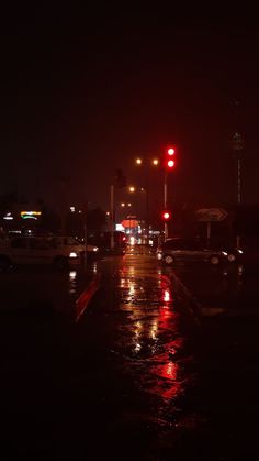 a red traffic light sitting on the side of a wet road at night with cars driving down it