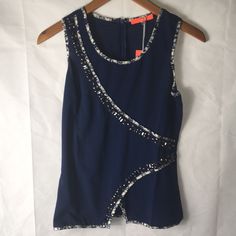 Anthro Lulumari Sleeveless Navy Top Size Small, Beautiful Beaded Detail Nwts Chic Blue Tank Vest, Elegant Blue Sleeveless Vest, Elegant Blue Vest, Blue Sleeveless Tank Top For Party, Chic Sleeveless Blue Blouse, Chic Blue Sleeveless Tank Top, Elegant Blue Vest For Party, Blue Party Vest Top, Babydoll Tank