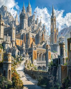 an artistic painting of a castle in the middle of a mountain range with lots of tall buildings