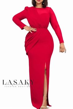 Lasaky - Exquisite Mesh-Stitched Long Evening Gown Solid Color Fitted Gown With Long Sleeves, Solid Long Sleeve Fitted Gown, Solid Color Long Sleeve Fitted Gown, Dramatic Entrance, Tight Dress Outfit, Casual Dresses Plus Size, Long Gown Dress, Long Evening Gowns, Summer Party Dress