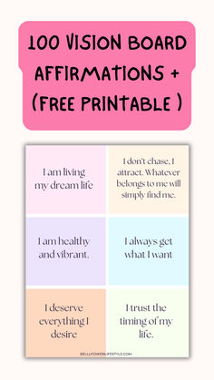 100 vision board affirmations ( free printable ) Vision Board Idea Pictures, Affirmations Printable Free, Vision Board Manifestation Pics, Vision Board Template Free Printable, Debt Free Vision Board Images, Photos For Vision Board Life, How To Make A Vision Board, Vision Board Words Free Printable