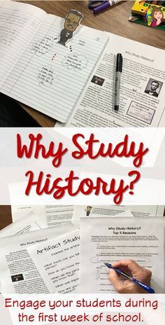 a person writing on paper with the title why study history? engage your students during the first week of school