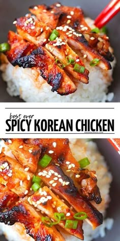 two pictures of chicken on rice with chopsticks in the foreground and text spicy korean chicken