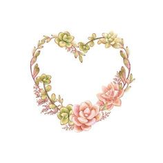 a heart shaped wreath with pink flowers and leaves on it's sides, painted in watercolor