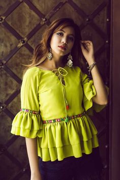 Lime Green Ruffled Top Girls Top Design, Short Frocks, Cotton Tops Designs, Architect Logo, Short Frock, Parrot Green, Frock Fashion, Fancy Tops