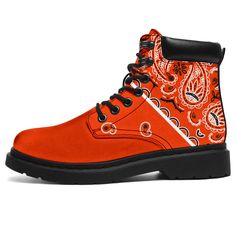 orange hiking boots Custom High Top Vans, Vegan Boots Women, Orange Bandana, Bohemian Boots, Estilo Cholo, Print Boots, Paisley Fashion, Boho Boots, Vegan Boots