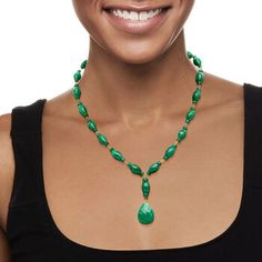 Ross-Simons - 159.00ct t. w. Emerald Y-Necklace in 18kt Gold Over Sterling. 18". Showing off a generous presentation of 145.00 ct. t. w. barrel and rondelle faceted emerald beads with a 14.00 carat pear-shaped emerald drop, this Y-necklace brings quintessential lush green color to your wardrobe. Set in polished 18kt yellow gold over sterling silver. Lobster clasp, emerald Y-necklace. Emerald birthstones are the perfect gift for May birthdays. Elegant Faceted Emerald Necklace For Formal Occasions, Elegant Formal Faceted Emerald Necklace, Formal Single Strand Emerald Necklace, Luxury Faceted Green Necklace, Luxury Green Faceted Necklaces, Luxury Green Faceted Necklace, Elegant Faceted Briolette Emerald Necklace, Luxury Faceted Beaded Necklace For Formal Occasions, Elegant Oval Faceted Necklaces