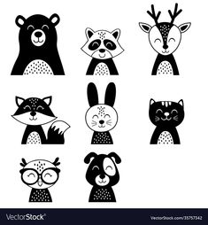 cute animals set in black and white color on the image is also available for print