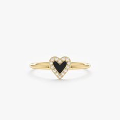 We've got heart eyes for this dainty solid gold and diamond ring. Add a little love to your ring stack with this adorable black enamel mini heart! Pick your favorite among Yellow, White, Rose Gold or Platinum. - Handmade - Solid Gold - Natural Diamonds  - G Color, SI Quality Diamonds - Total Diamond Carat Weight: 0.07 ctw - Dimension of Heart: 7 mm - Band Thickness: 1.2 mm 🛠 Your Sarah Elise piece is handcrafted with care! Ready-to-ship items go out within 3 business days. Made-to-order pieces typically take 7-10 business days to create. If you need something sooner, please contact us - we'll see if we can make it happen! For estimated shipping dates and tracking, check your Etsy account under 'Orders'. 🚐Orders under $100 are sent with USPS First Class Mail tracking; orders more than $10 Black Enamel Diamond Ring For Gift, Elegant Heart-shaped Enamel Ring For Anniversary, Gift Black Enamel Diamond Ring, Elegant Gold Heart-shaped Enamel Ring, Black Enamel Diamond Ring Perfect As A Gift, White Gold Ring With Black Enamel For Gift, Gold Heart-shaped Enamel Ring For Anniversary, Diamond Rings With Black Enamel For Gift, Diamond Rings With Black Enamel As A Gift