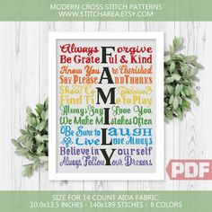 a cross stitch pattern with the word family in different colors and font, surrounded by greenery