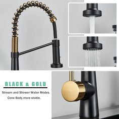 the black and gold faucet is being used as a shower head