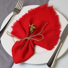 a white plate topped with a red napkin and fork