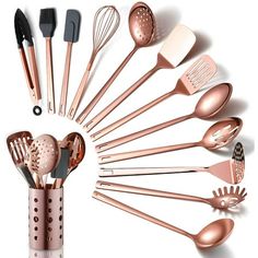 an assortment of kitchen utensils and spoons arranged in a circle on a white background