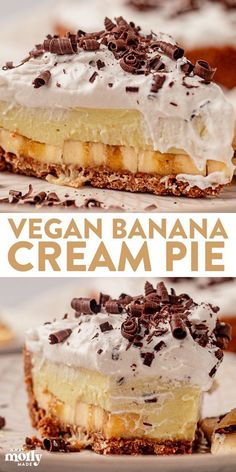 two images of a piece of vegan banana cream pie on a plate Vegan Cream Dessert, Things To Make With Oat Milk, Dairy Free Banana Cream Pie, Patisserie Vegan, Pecan Crust