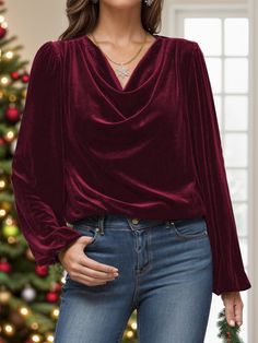 Features: Basic style Sheer: Opaque Stretch: Slightly stretchy Material composition: 95% polyester, 5% spandex Care instructions: Machine wash cold. Tumble dry low. Imported Size US Bust Top Length Sleeve Length S 4 37.8 25.2 24.4 M 6/8 39.4 25.6 24.8 L 10/12 41.7 26 25.2 XL 14 44.1 26.4 25.6 2XL 16 46.5 26.8 26 50th Clothing, Blue Zones, Cowl Neck Long Sleeve, Velvet Blouses, Black Forest, Sweatshirt Dress, Basic Style, Stretchy Material, Cowl Neck