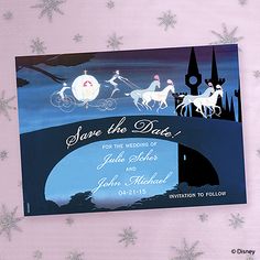 save the date card with horse and carriage on pink background, surrounded by snowflakes