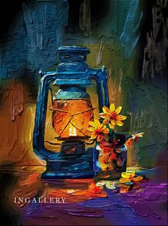 an oil painting of a blue lantern with flowers in it and the words insailery written below