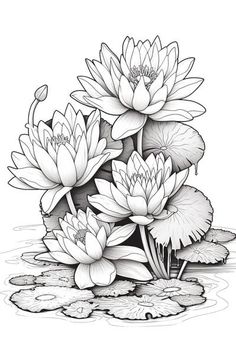 black and white drawing of water lilies with lily pads floating on top of them